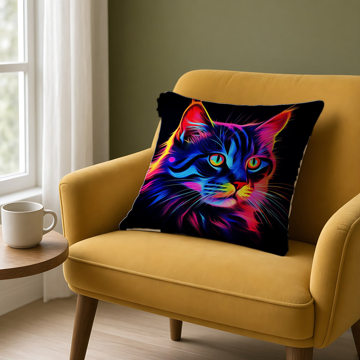 Neon Cat Faux Suede Cushion on a mustard armchair by a window