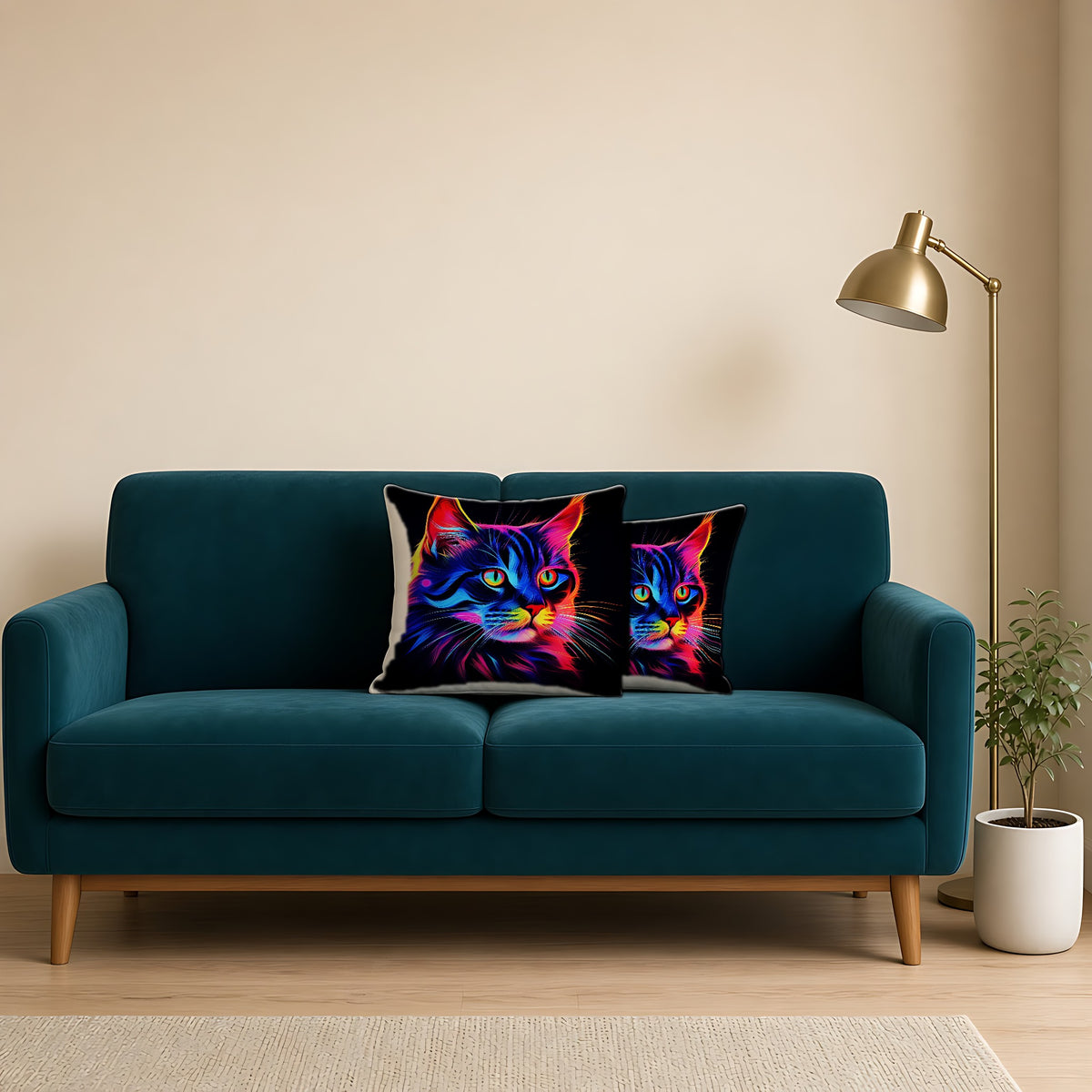 Neon Cat Faux Suede Cushion on a teal velvet sofa
