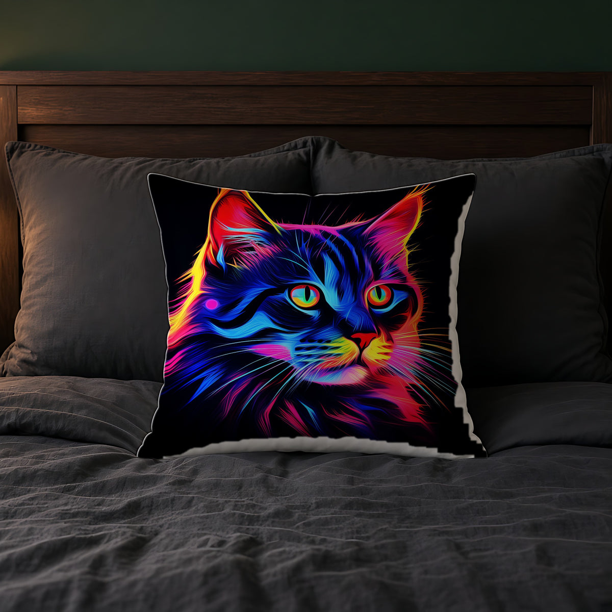 Neon Cat Faux Suede Cushion on a bed with charcoal bedding