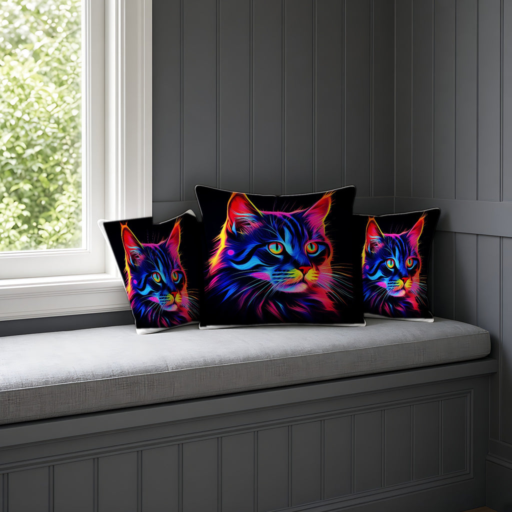 Neon Cat Faux Suede Cushion on a window seat