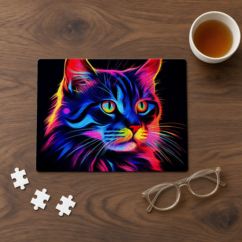 Neon Cat Jigsaw Puzzle with Tin completed on a walnut table