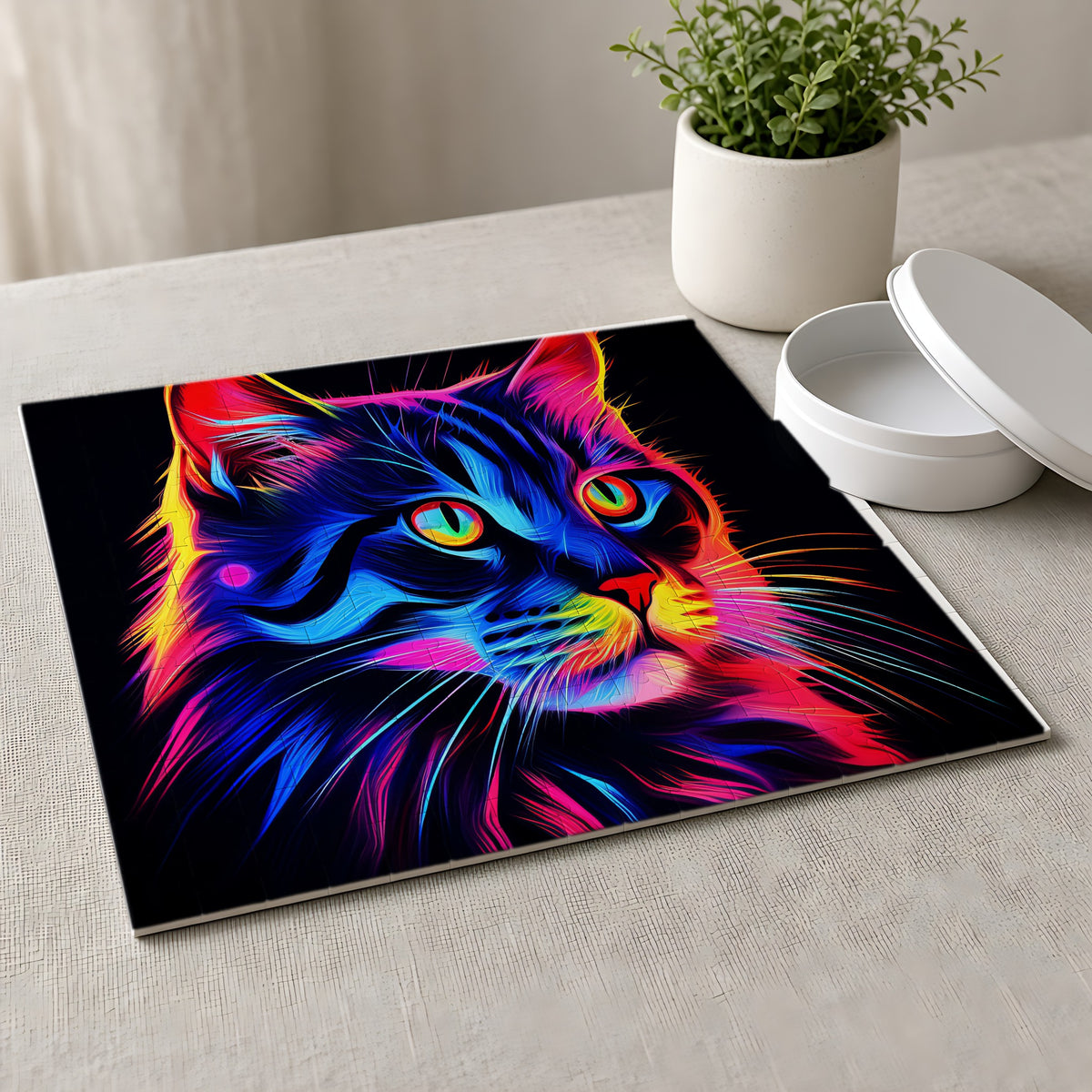 Neon Cat Jigsaw Puzzle with Tin completed on a linen tablecloth