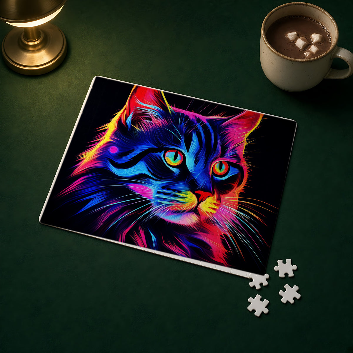 Neon Cat Jigsaw Puzzle with Tin completed on a green games table