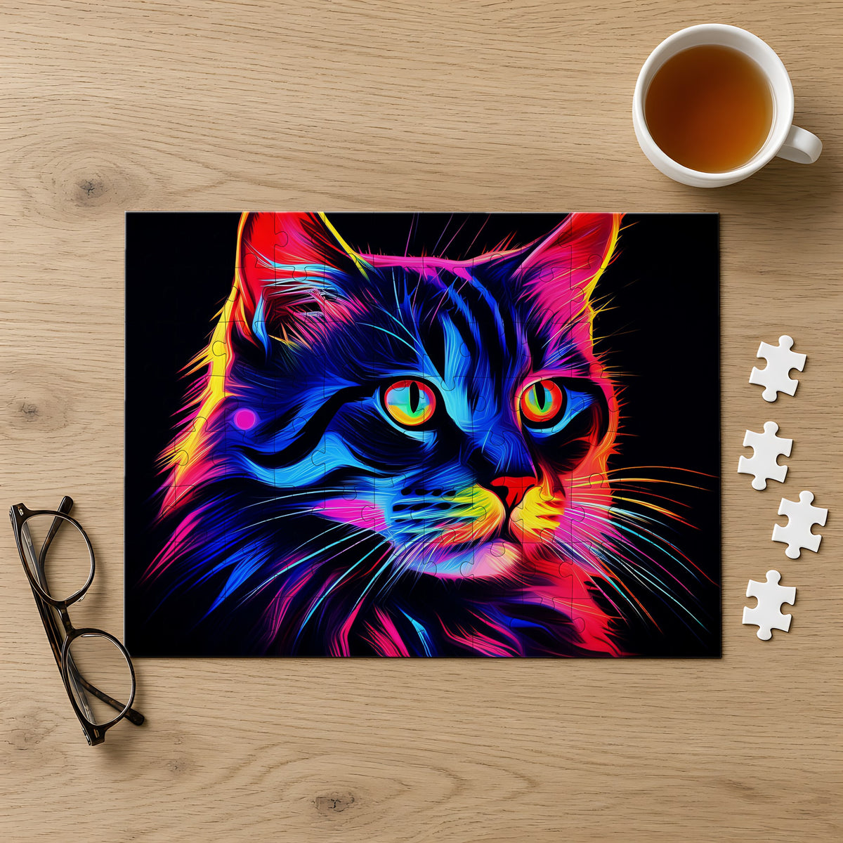 Neon Cat Jigsaw Puzzle with Tin completed on a light oak table with a cup of tea