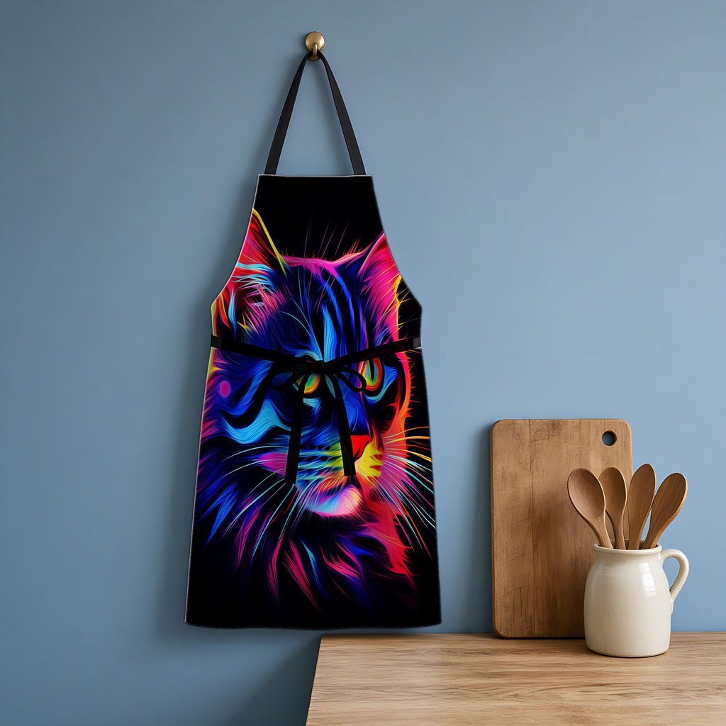 Neon Cat Apron hanging in a blue kitchen