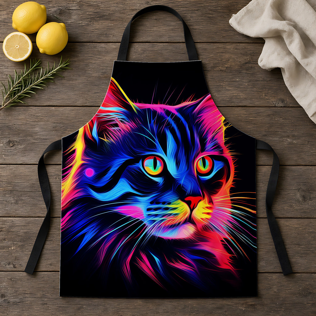 Neon Cat Apron laid flat on a rustic wooden table