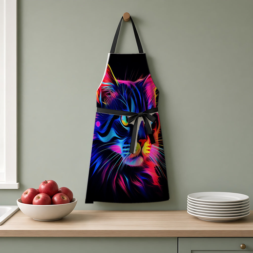 Neon Cat Apron hanging on a sage-green kitchen wall