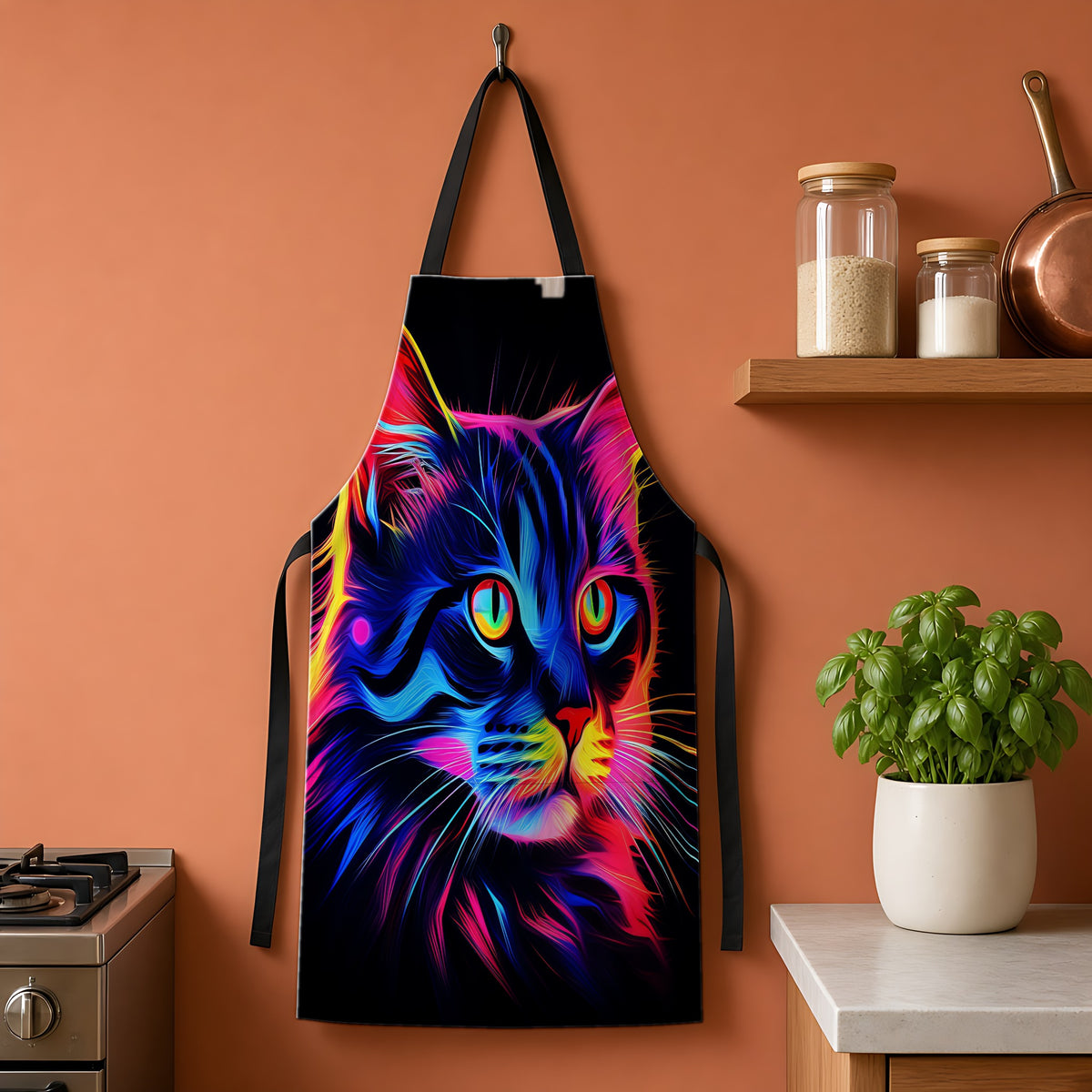 Neon Cat Apron hanging on a terracotta kitchen wall
