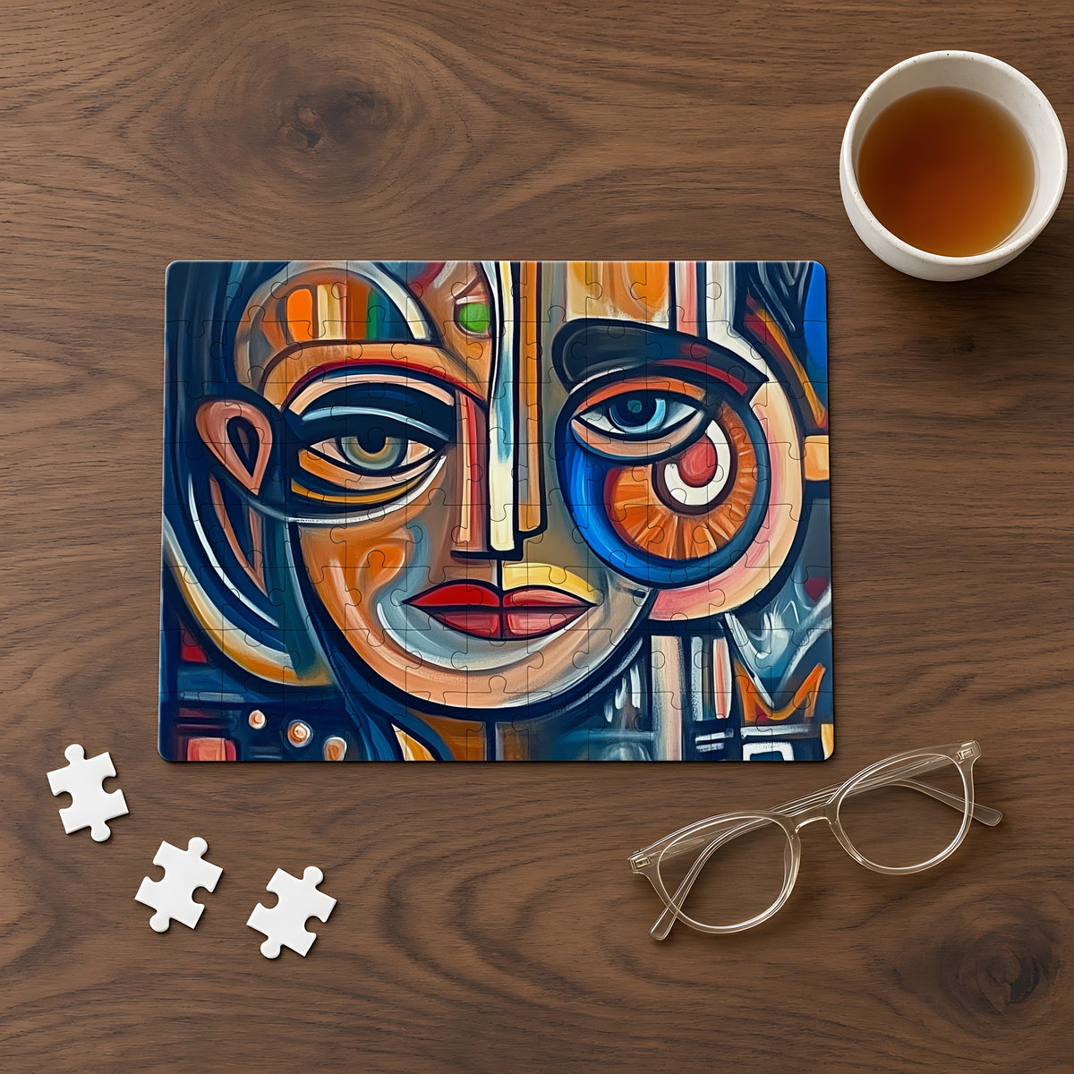 Cubist Face Jigsaw Puzzle with Tin completed on a walnut table