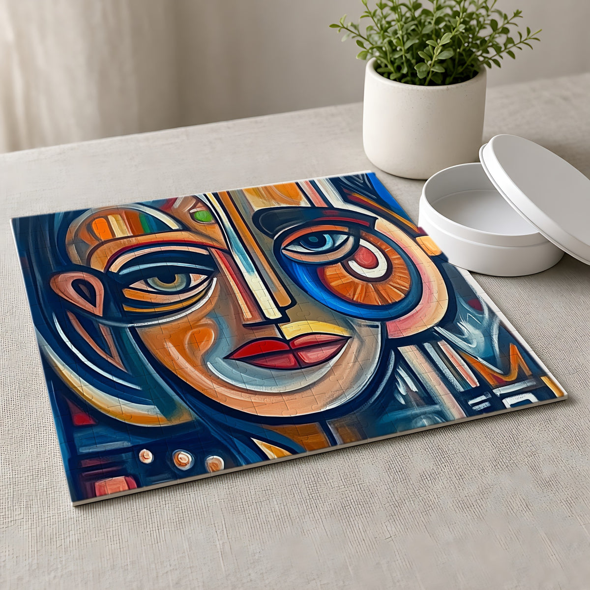 Cubist Face Jigsaw Puzzle with Tin completed on a linen tablecloth