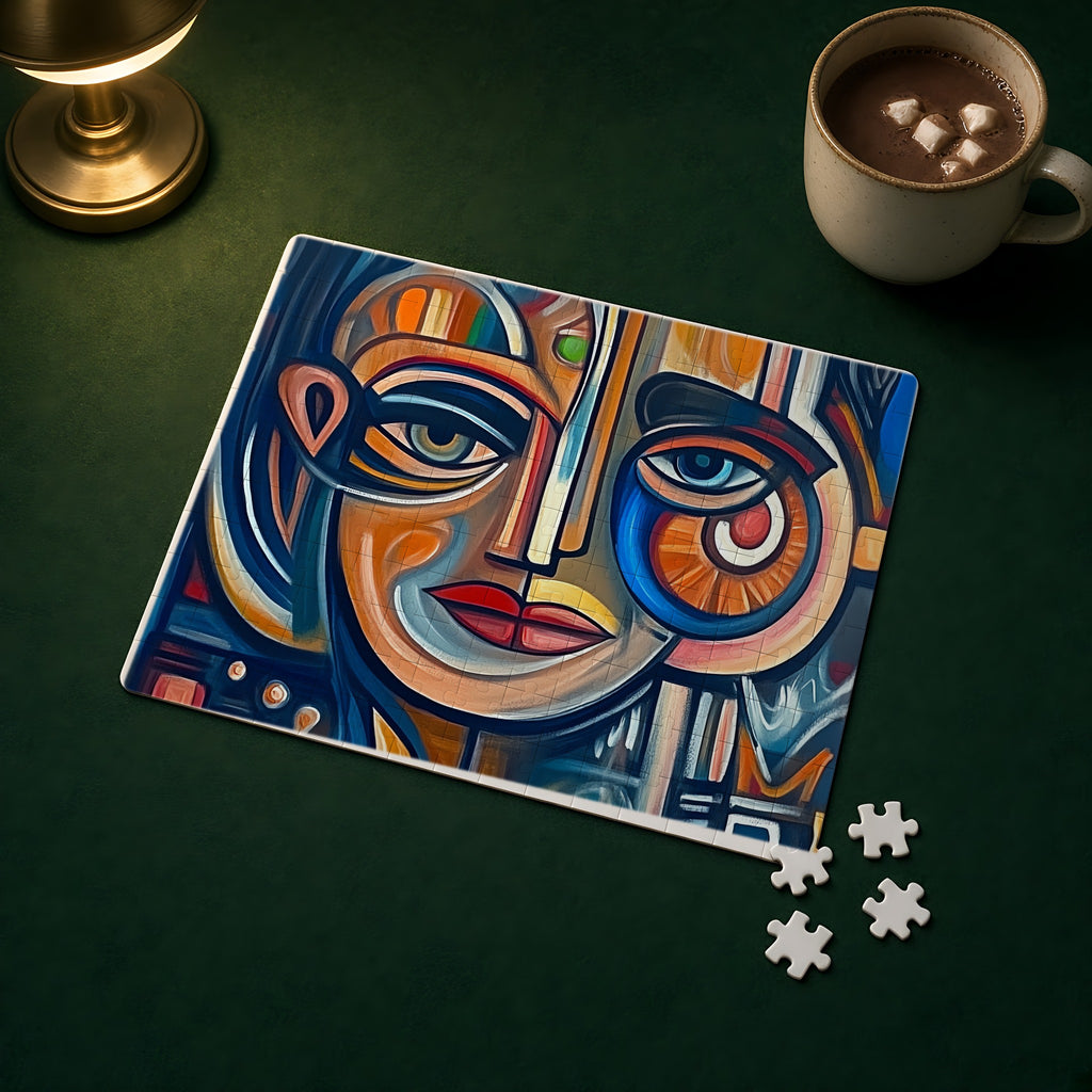 Cubist Face Jigsaw Puzzle with Tin completed on a green games table