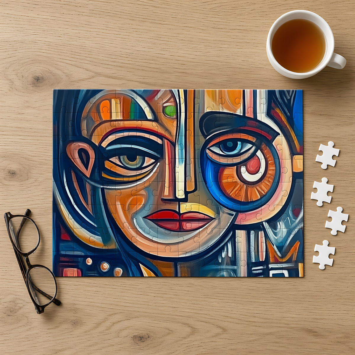 Cubist Face Jigsaw Puzzle with Tin completed on a light oak table with a cup of tea