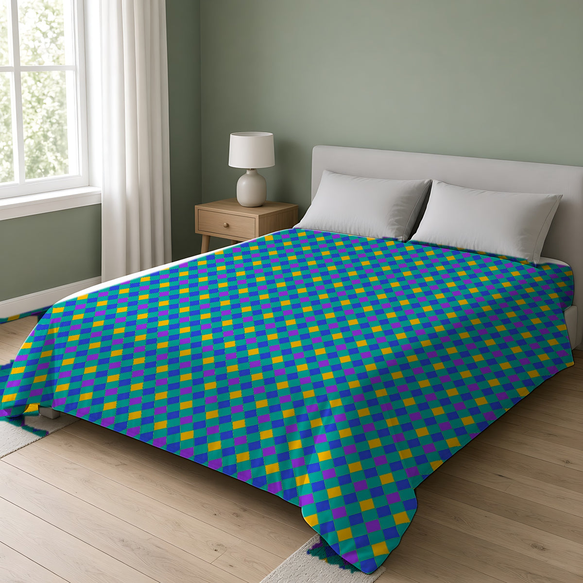 Jewel Harlequin Check Cotton Duvet Cover on a double bed in a bright sage-green bedroom