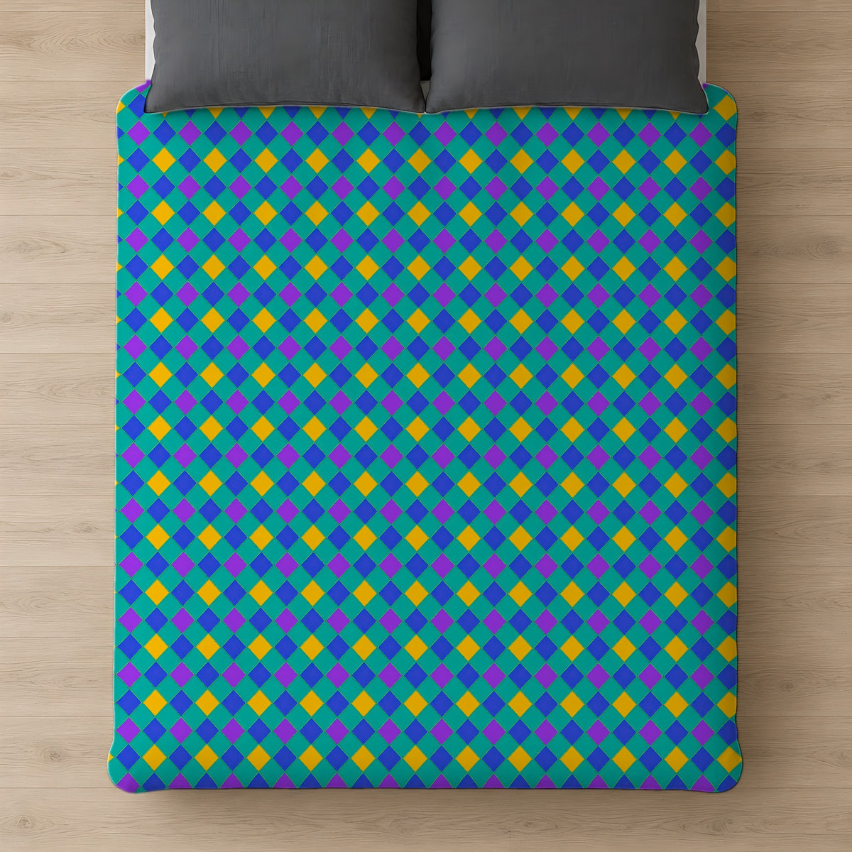 Jewel Harlequin Check Cotton Duvet Cover on a bed, seen from above