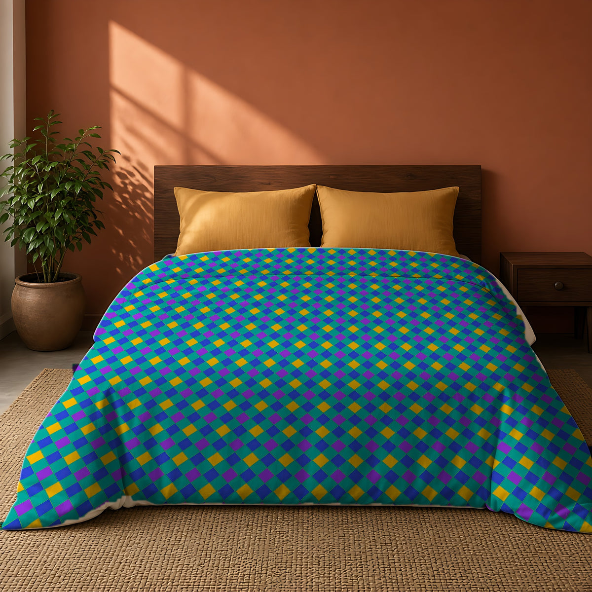 Jewel Harlequin Check Cotton Duvet Cover on a king bed against a warm terracotta wall