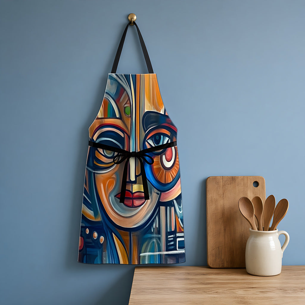 Cubist Face Apron hanging in a blue kitchen