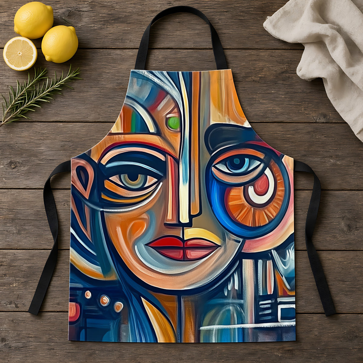Cubist Face Apron laid flat on a rustic wooden table