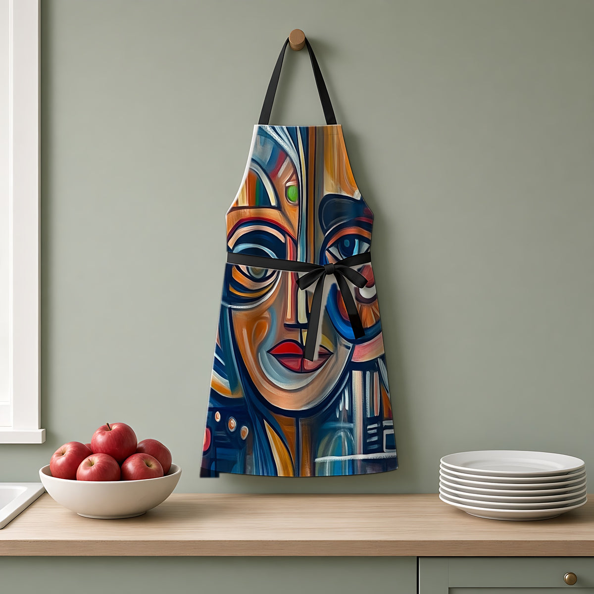 Cubist Face Apron hanging on a sage-green kitchen wall