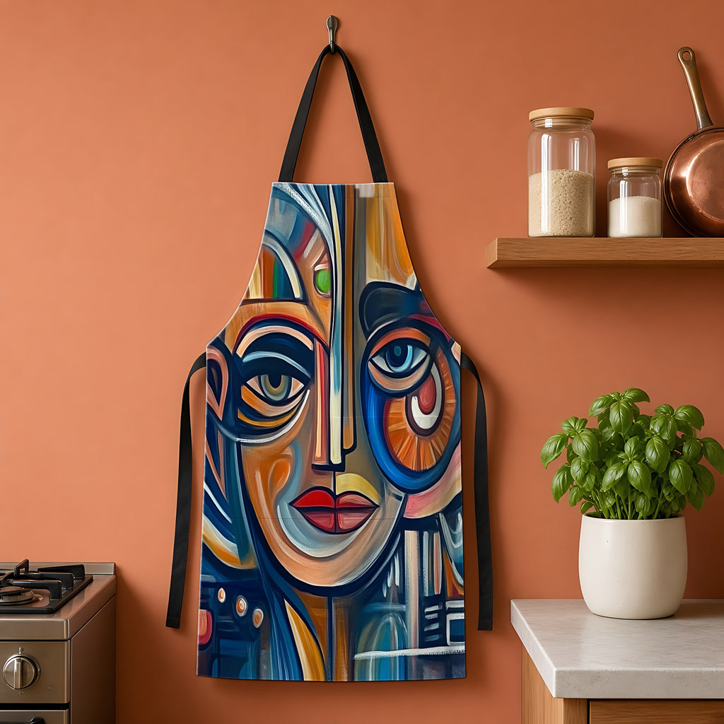 Cubist Face Apron hanging on a terracotta kitchen wall