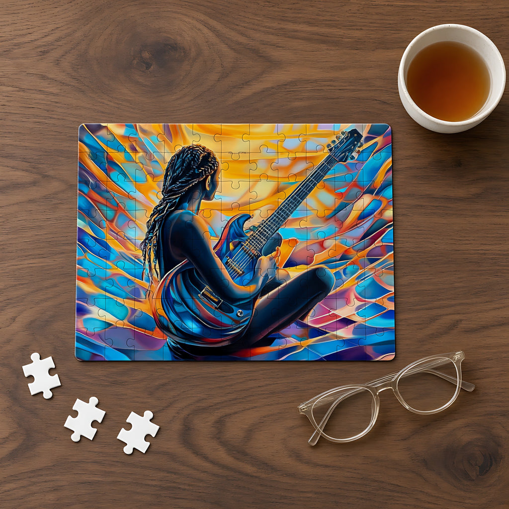 Guitar Dreamer Jigsaw Puzzle with Tin completed on a walnut table
