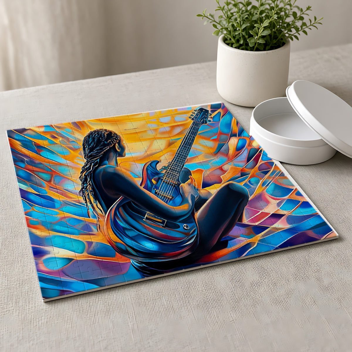 Guitar Dreamer Jigsaw Puzzle with Tin completed on a linen tablecloth