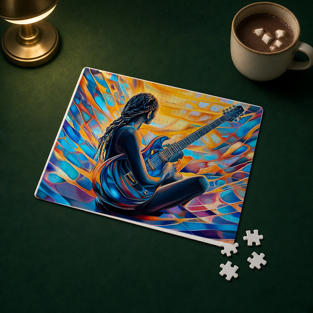 Guitar Dreamer Jigsaw Puzzle with Tin completed on a green games table