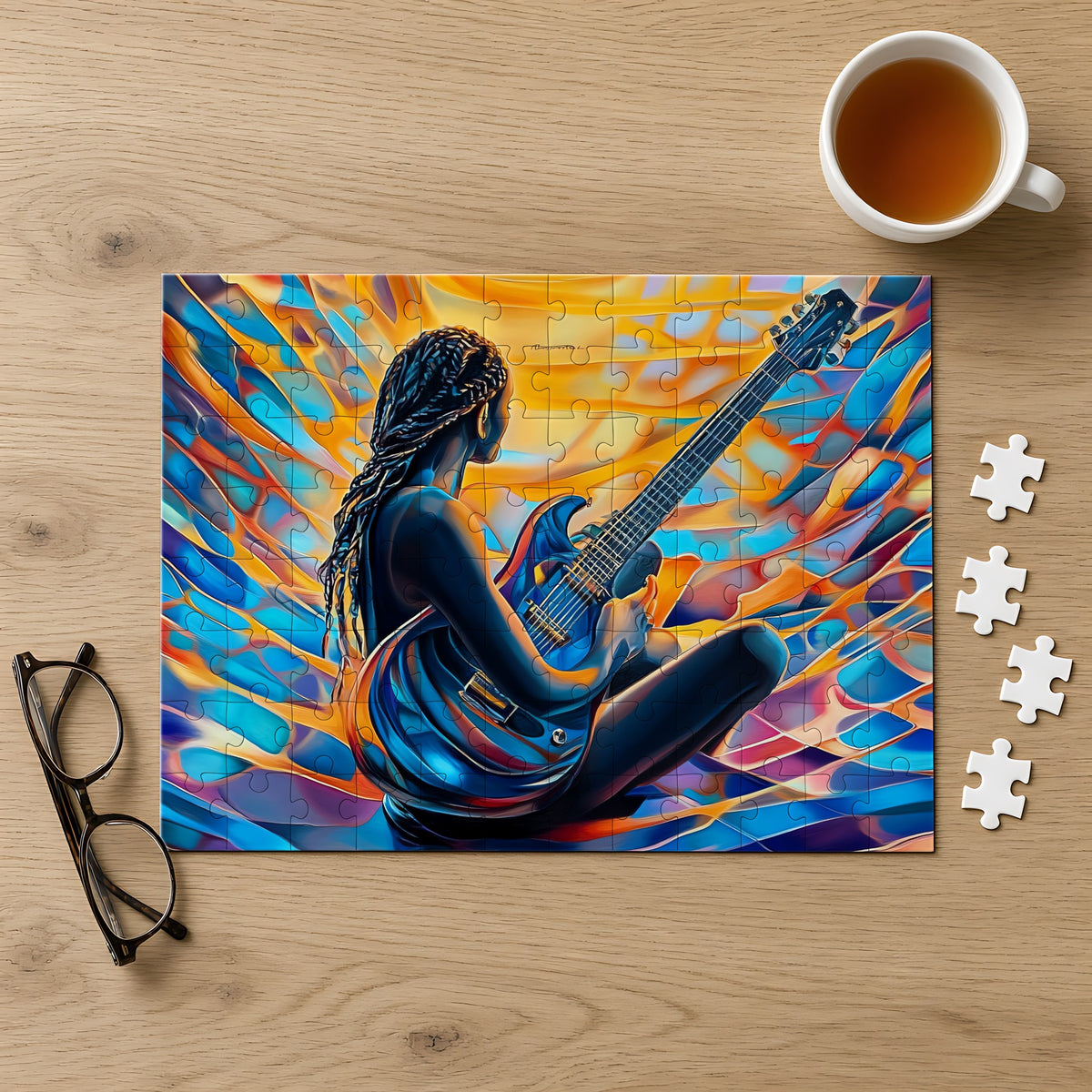 Guitar Dreamer Jigsaw Puzzle with Tin completed on a light oak table with a cup of tea