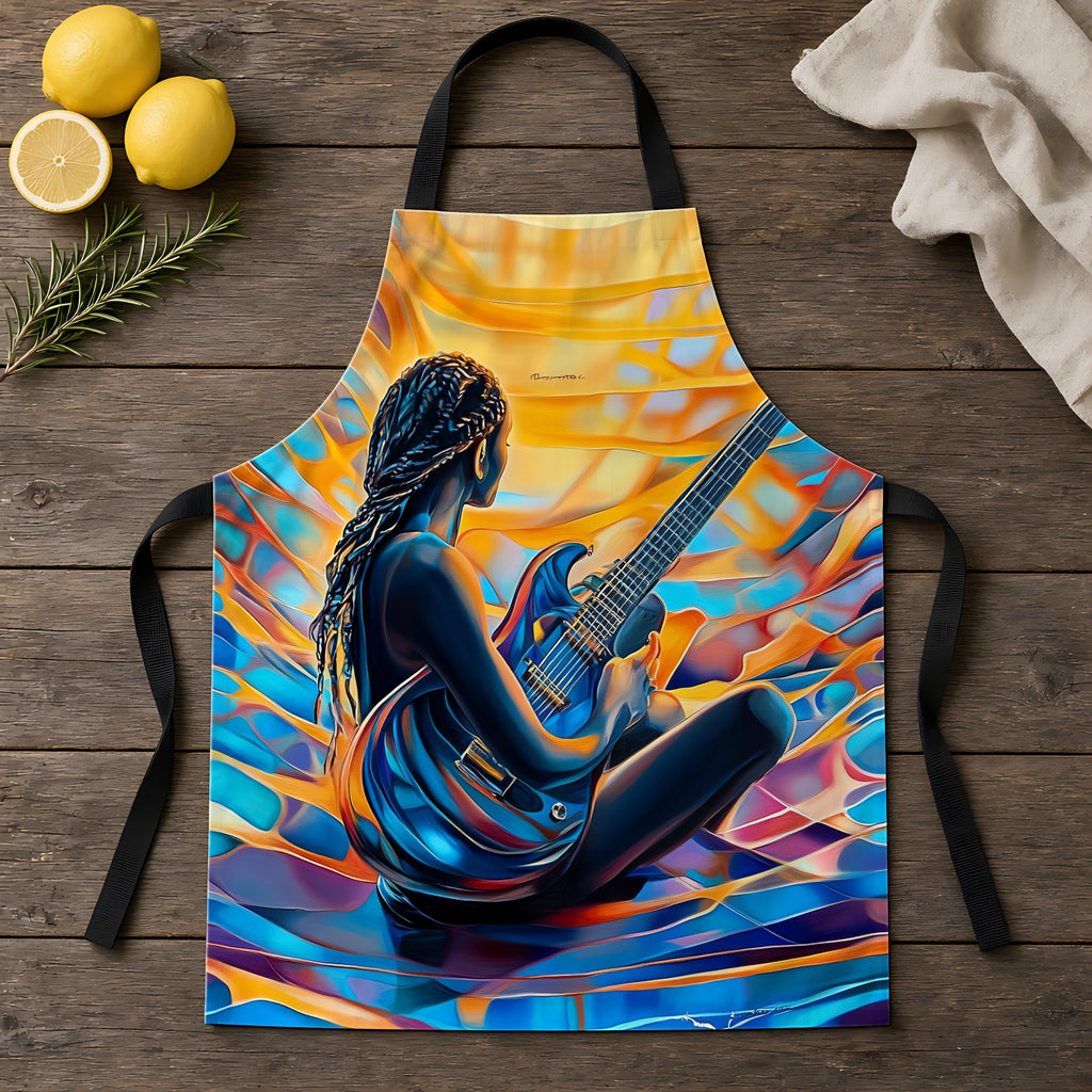 Guitar Dreamer Apron laid flat on a rustic wooden table