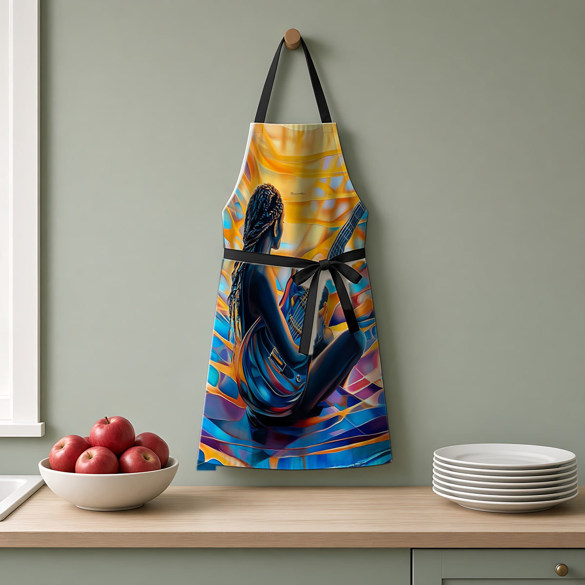 Guitar Dreamer Apron hanging on a sage-green kitchen wall