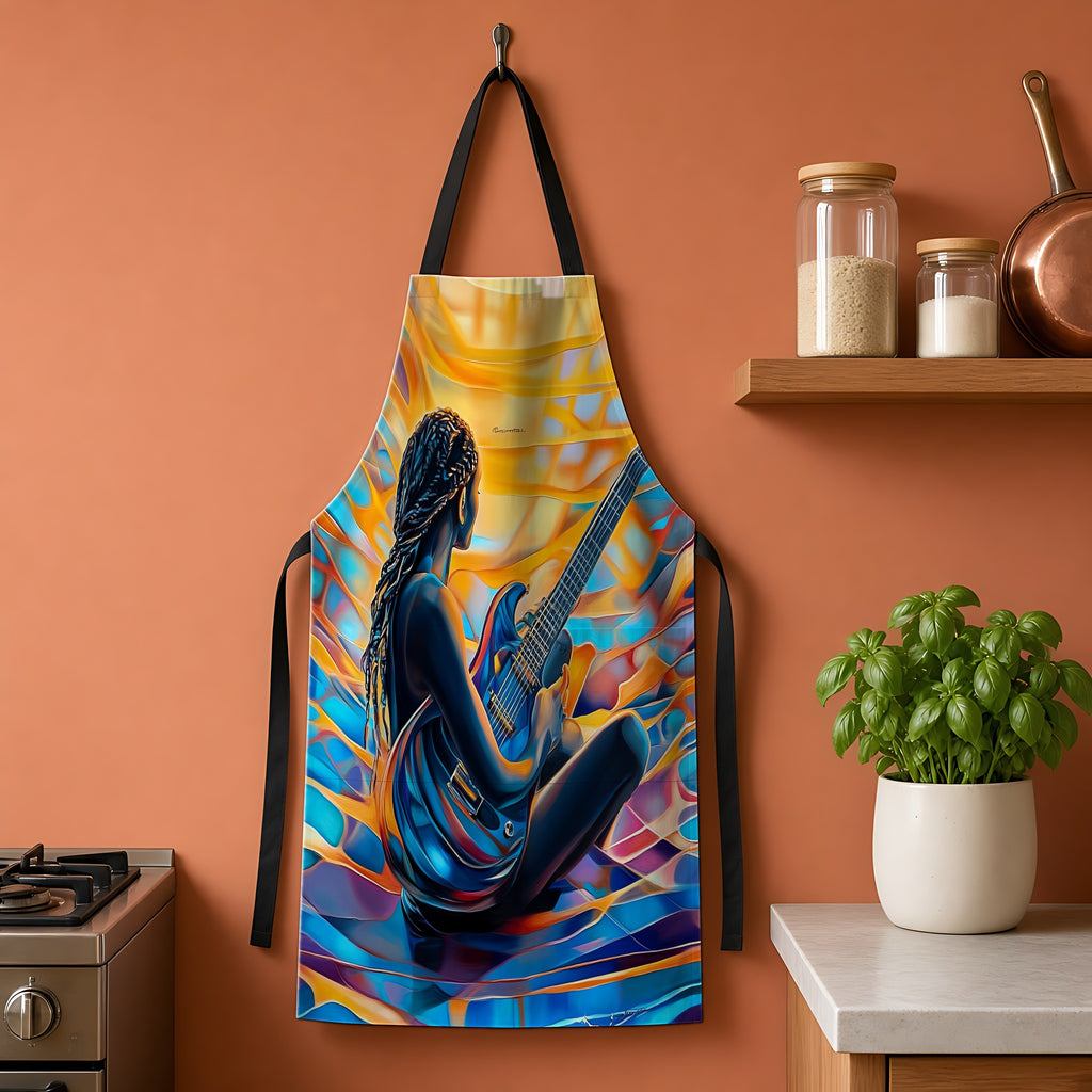 Guitar Dreamer Apron hanging on a terracotta kitchen wall