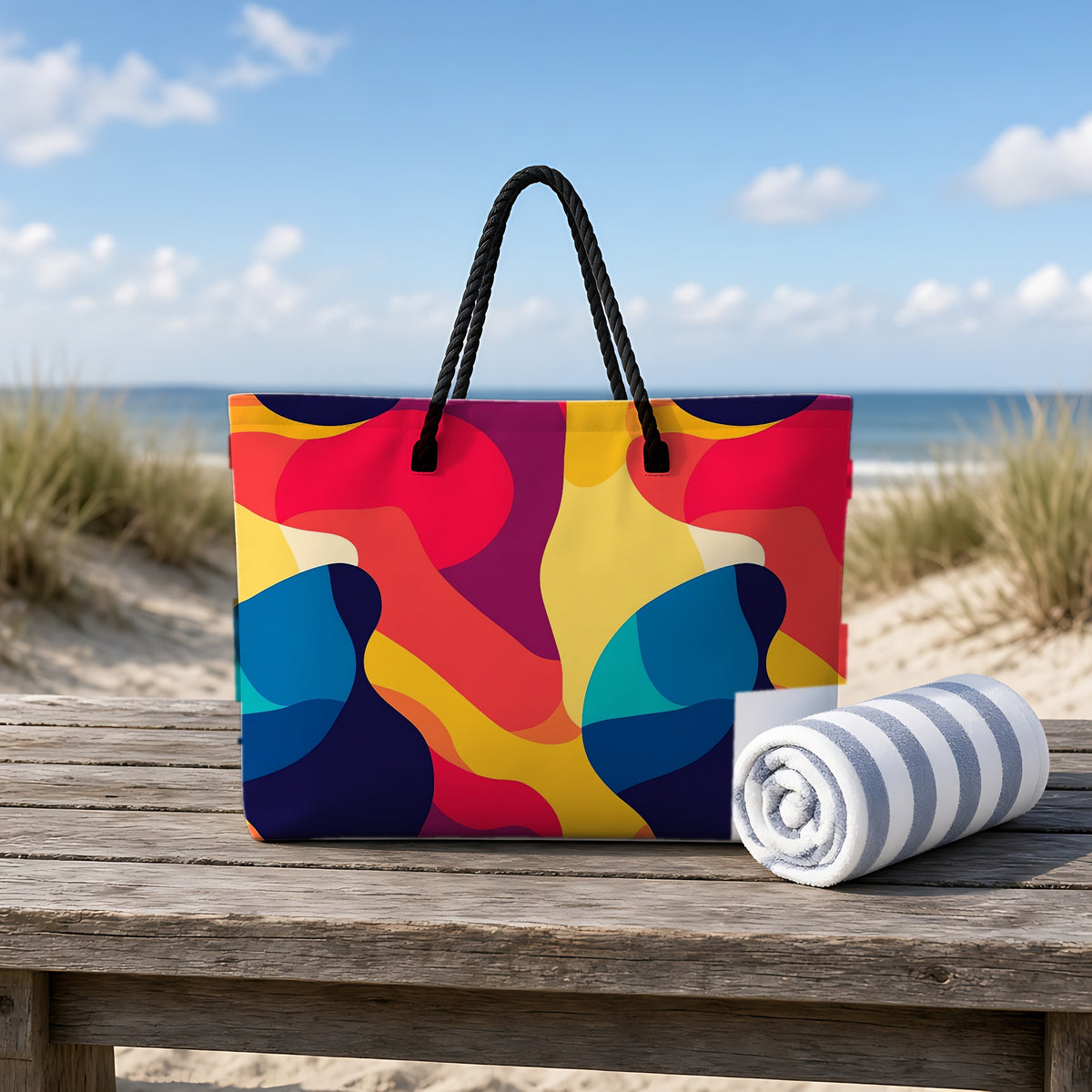 Bold Blob Camo Weekender Tote Bag on a rustic table by the beach