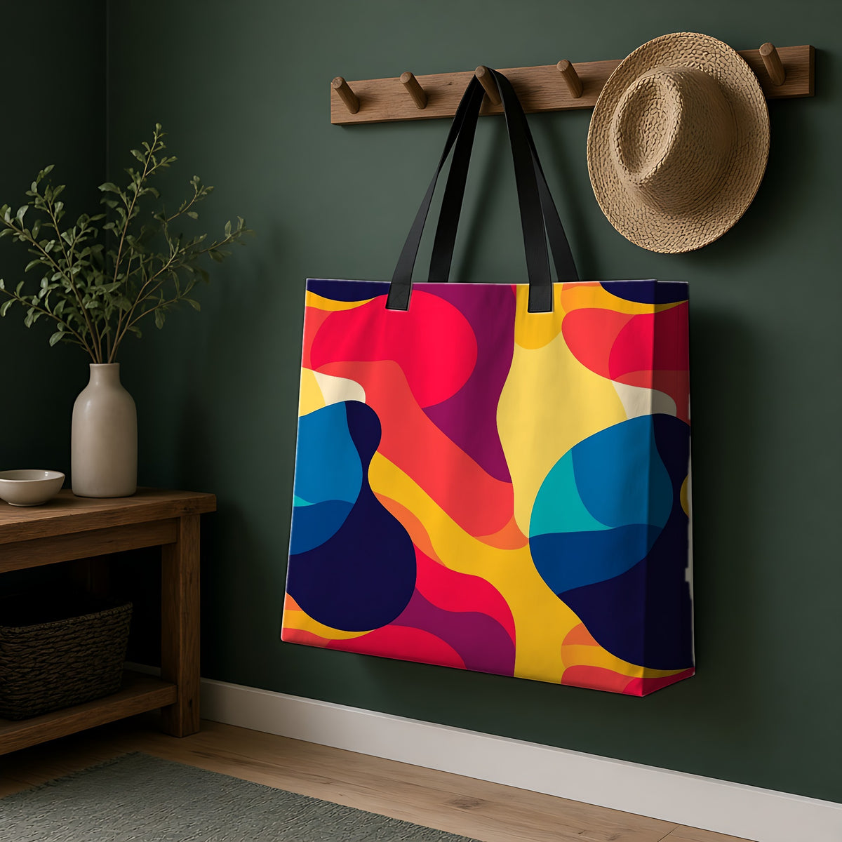 Bold Blob Camo Weekender Tote Bag hanging on a peg rail in a green hallway