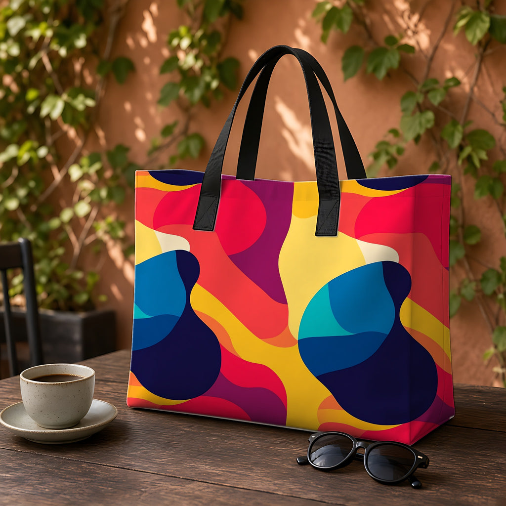 Bold Blob Camo Weekender Tote Bag on a garden café table