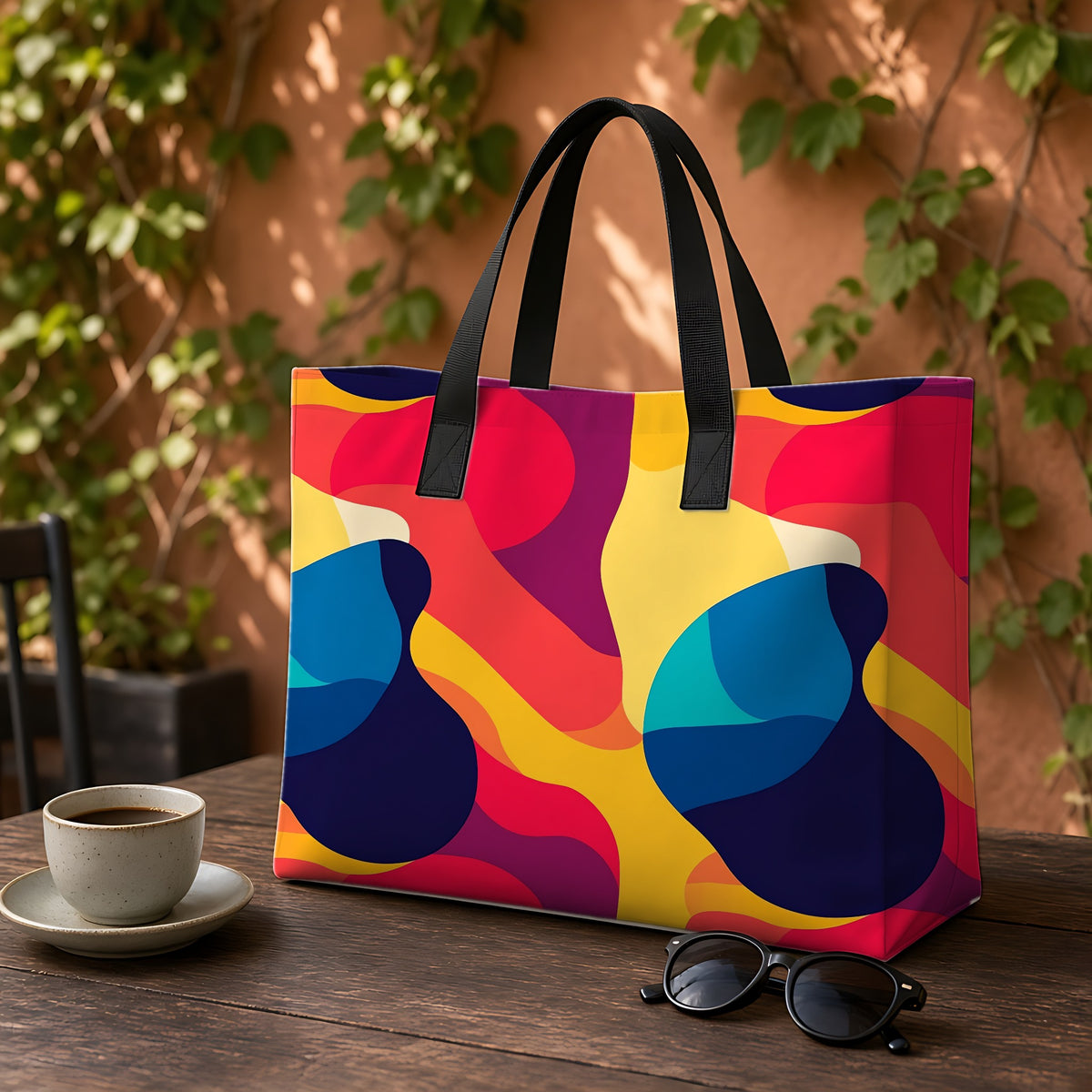 Bold Blob Camo Weekender Tote Bag on a garden café table