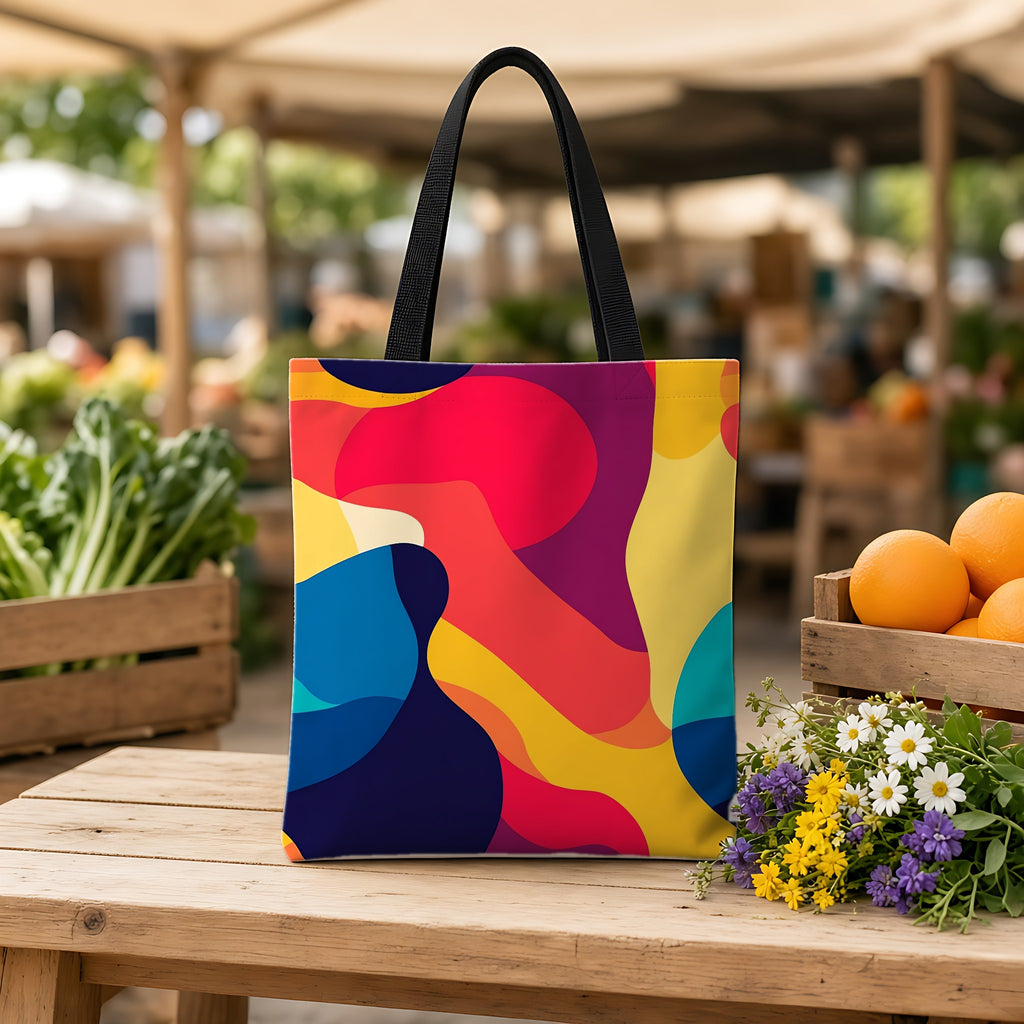 Bold Blob Camo Weekender Tote Bag on a wooden bench at a farmers market