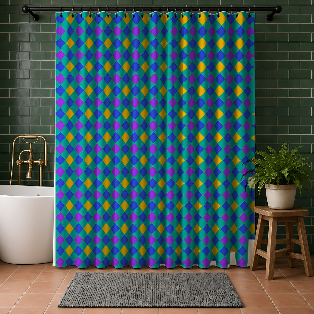 Jewel Harlequin Check Shower Curtain in a bathroom with dark green tiles