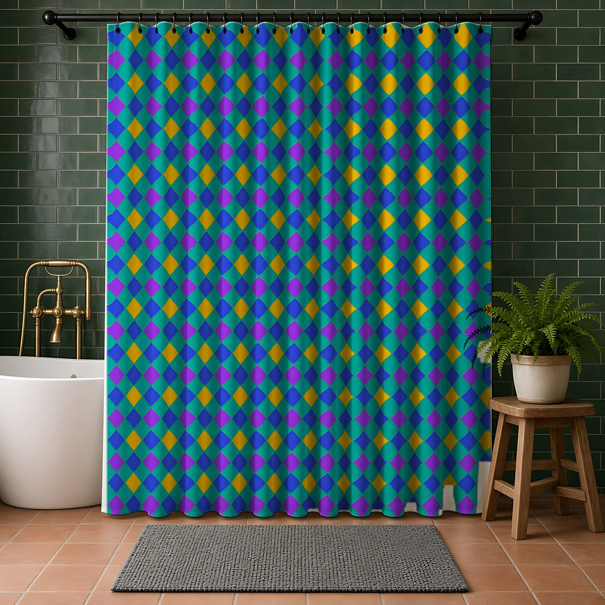 Jewel Harlequin Check Shower Curtain in a bathroom with dark green tiles