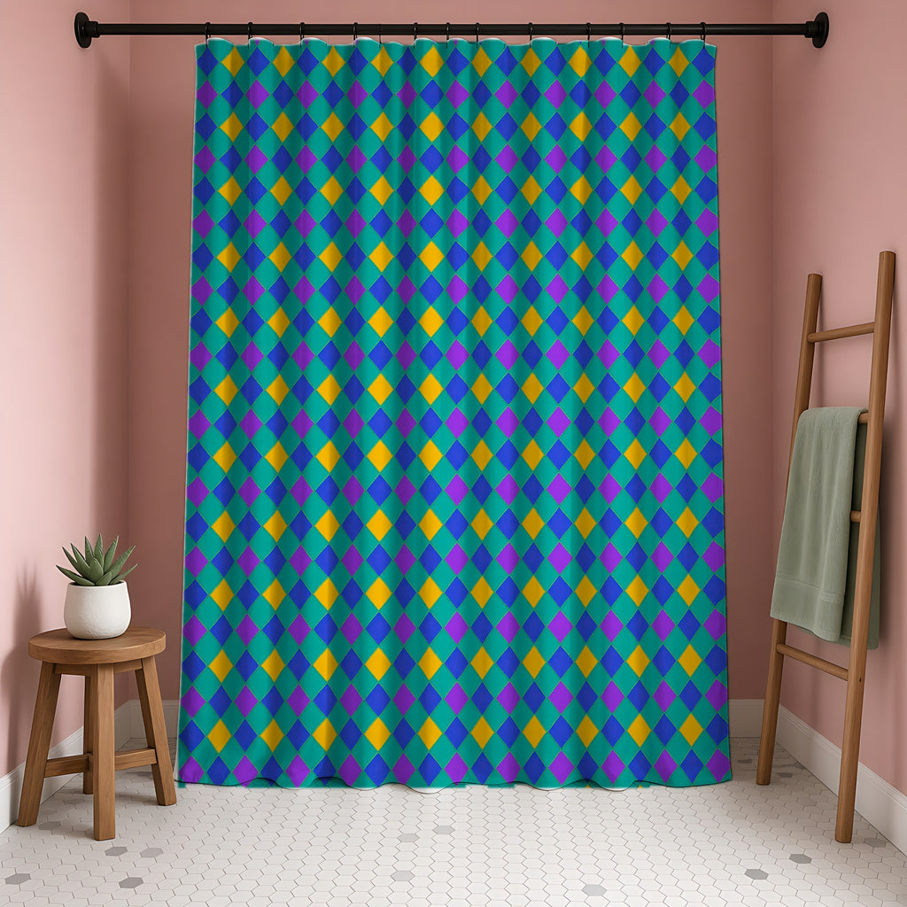 Jewel Harlequin Check Shower Curtain in a blush-pink bathroom