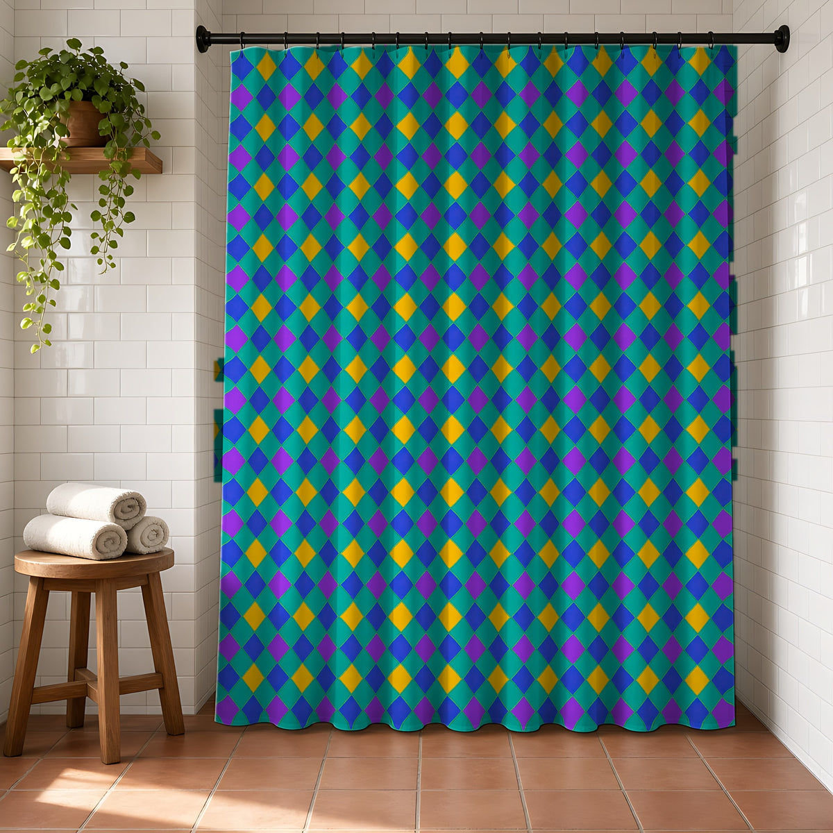 Jewel Harlequin Check Shower Curtain in a bright bathroom with white tiles and a terracotta floor