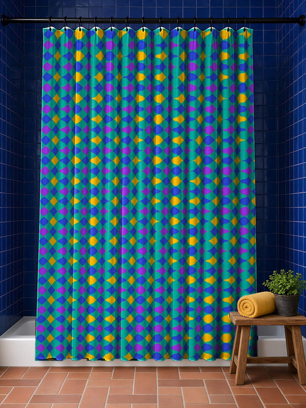 Jewel Harlequin Check Shower Curtain in the Peacock Jewel palette, hanging in a bathroom with cobalt tiles and a terracotta floor