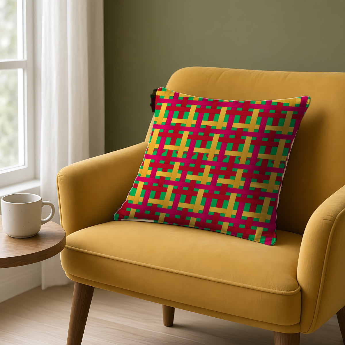 Big Jewel Ribbon Weave Faux Suede Cushion on a mustard armchair by a window