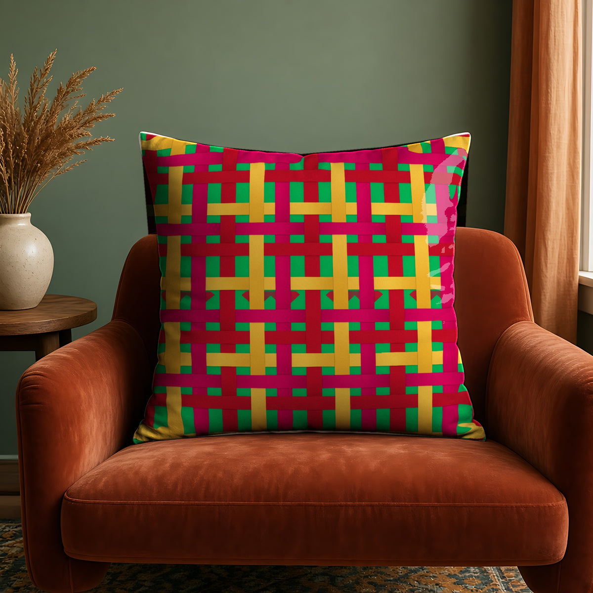 Big Jewel Ribbon Weave faux suede cushion in the Christmas Jewel Bright palette, on a rust velvet armchair against a sage wall