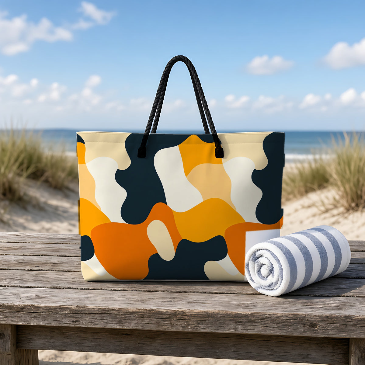 Orange Blob Camo Weekender Tote Bag on a rustic table by the beach