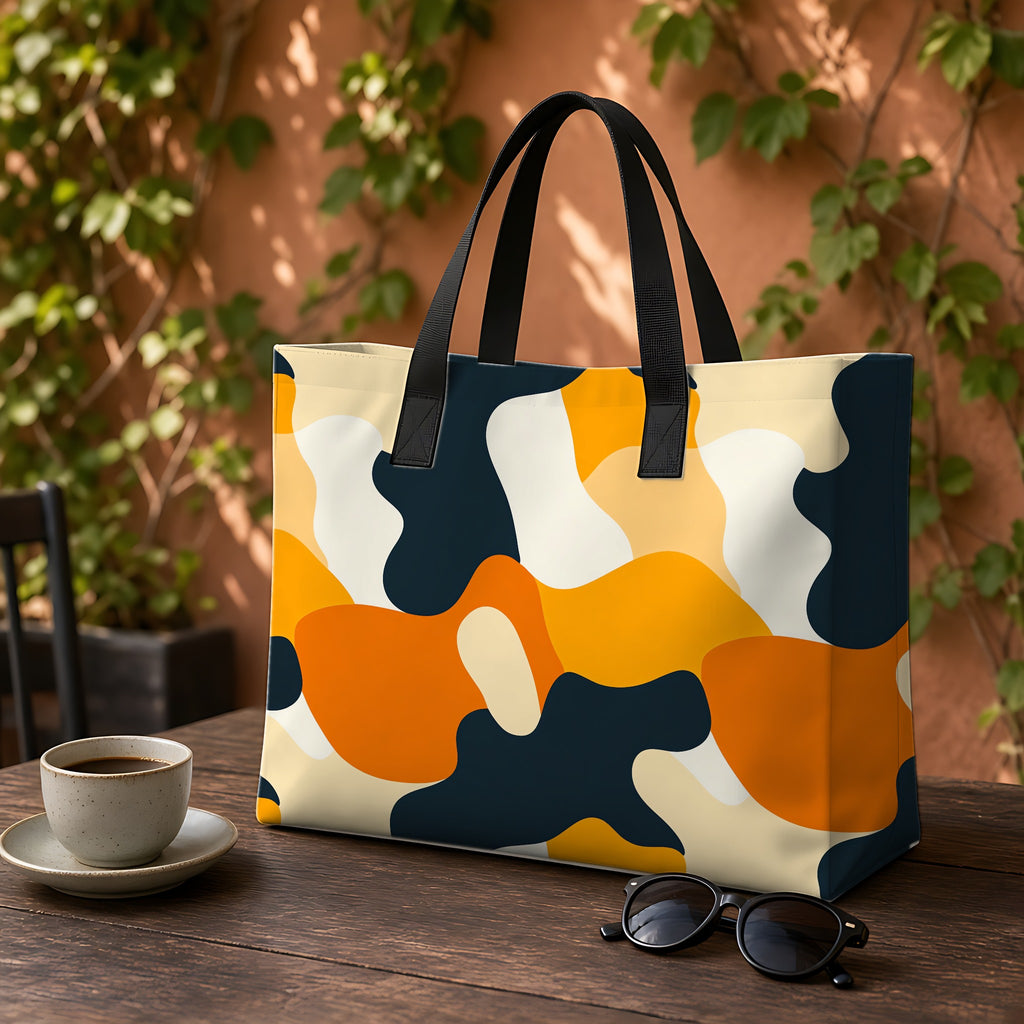 Orange Blob Camo Weekender Tote Bag on a garden café table