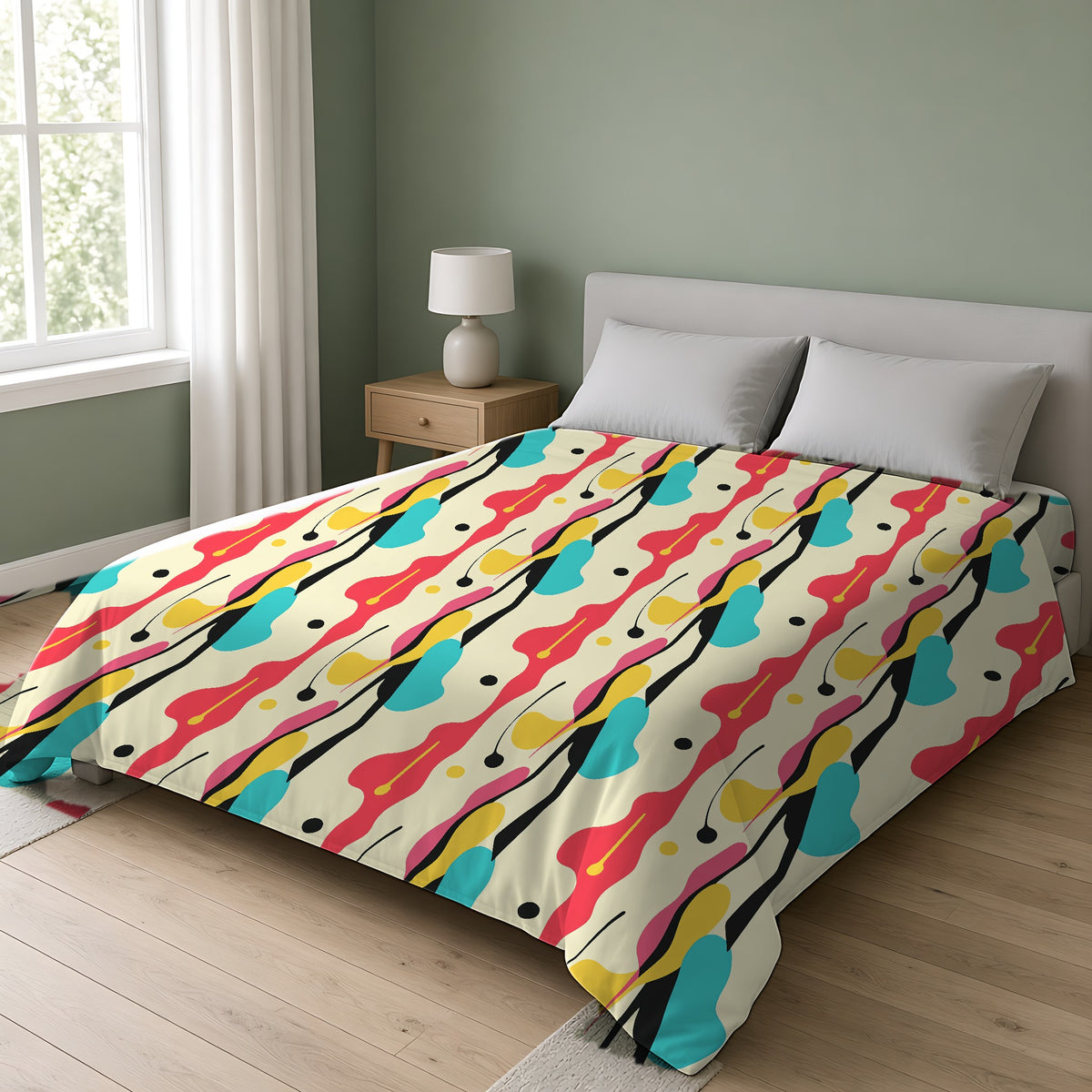 Cut-Out Blobs Cotton Duvet Cover on a double bed in a bright sage-green bedroom