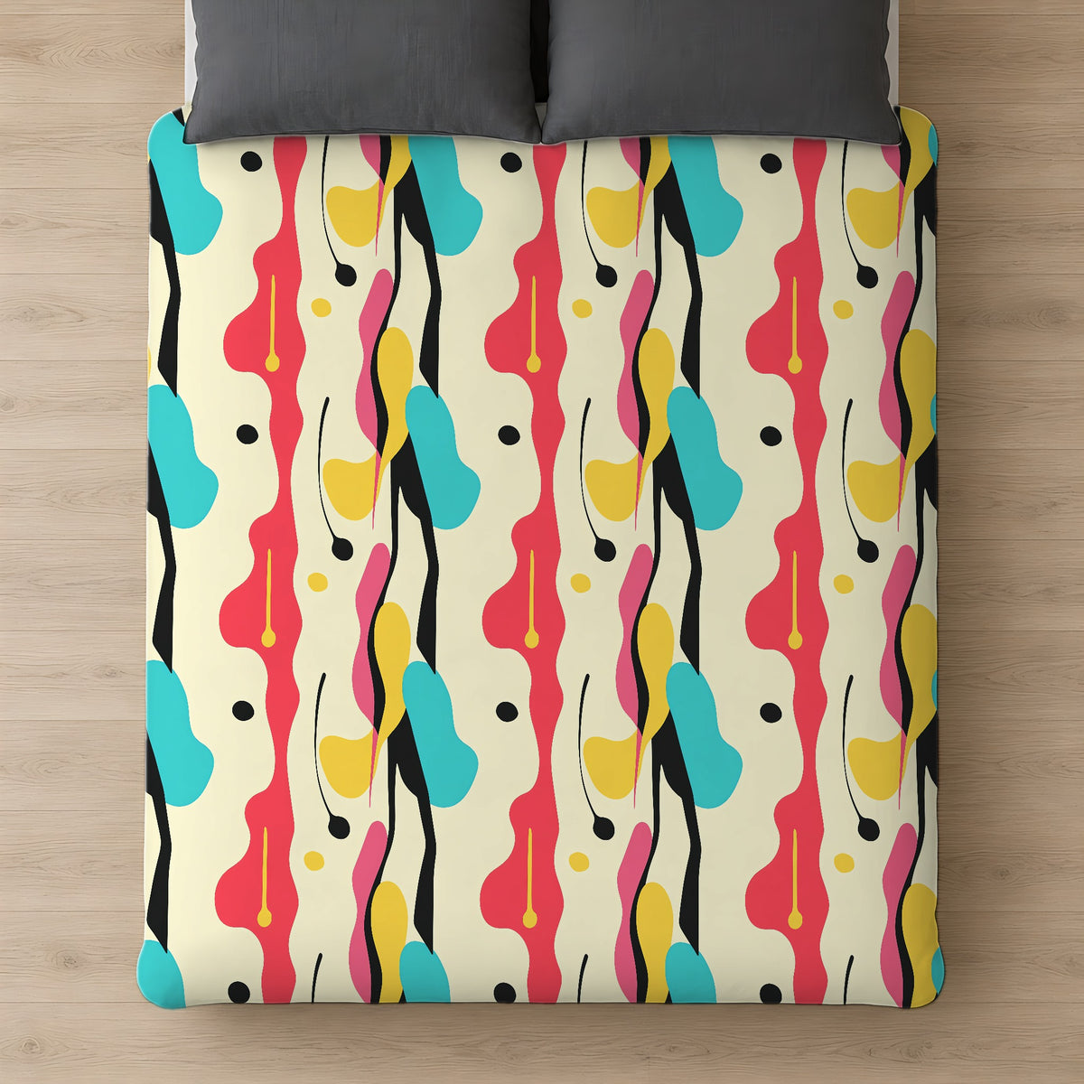 Cut-Out Blobs Cotton Duvet Cover on a bed, seen from above
