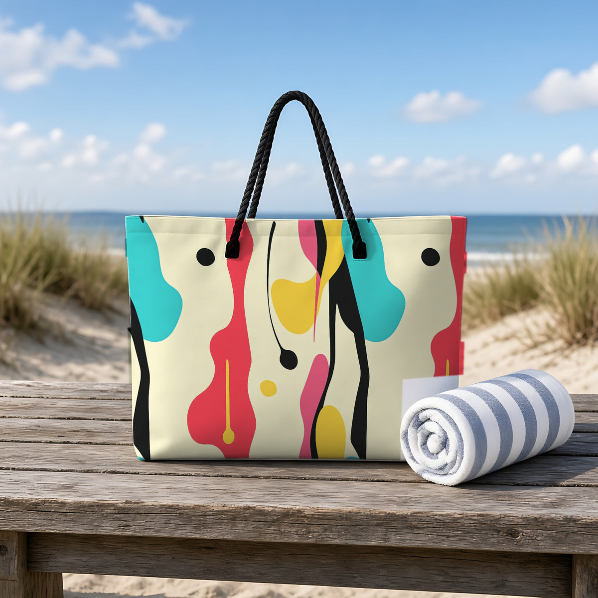 Cut-Out Blobs Weekender Tote Bag on a rustic table by the beach