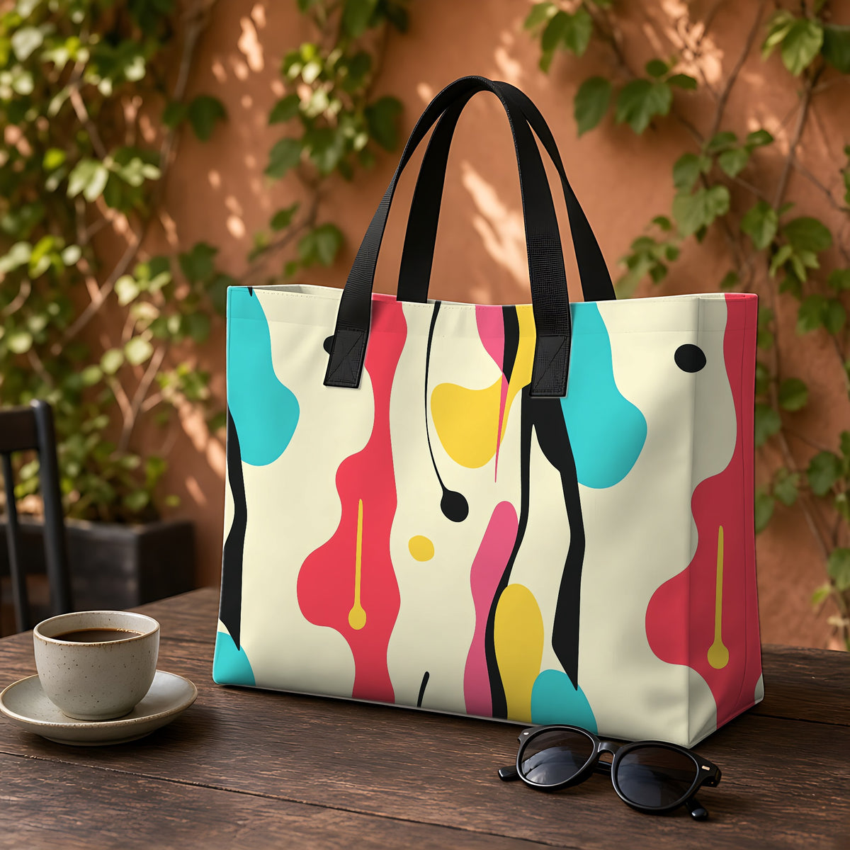 Cut-Out Blobs Weekender Tote Bag on a garden café table
