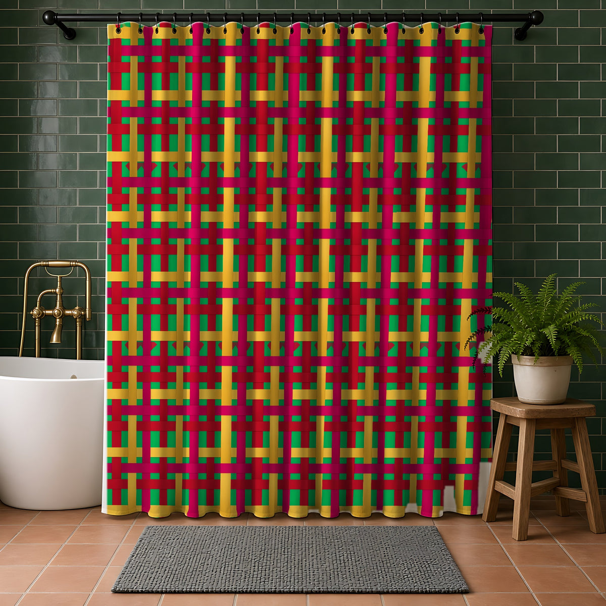 Big Jewel Ribbon Weave Shower Curtain in a bathroom with dark green tiles