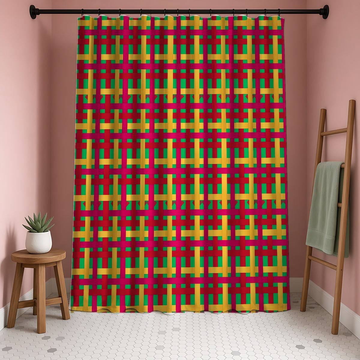 Big Jewel Ribbon Weave Shower Curtain in a blush-pink bathroom
